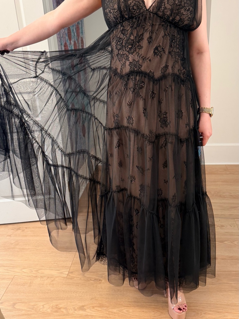 BCBGMaxAzria Black Sheer Lace Tiered Maxi Gown